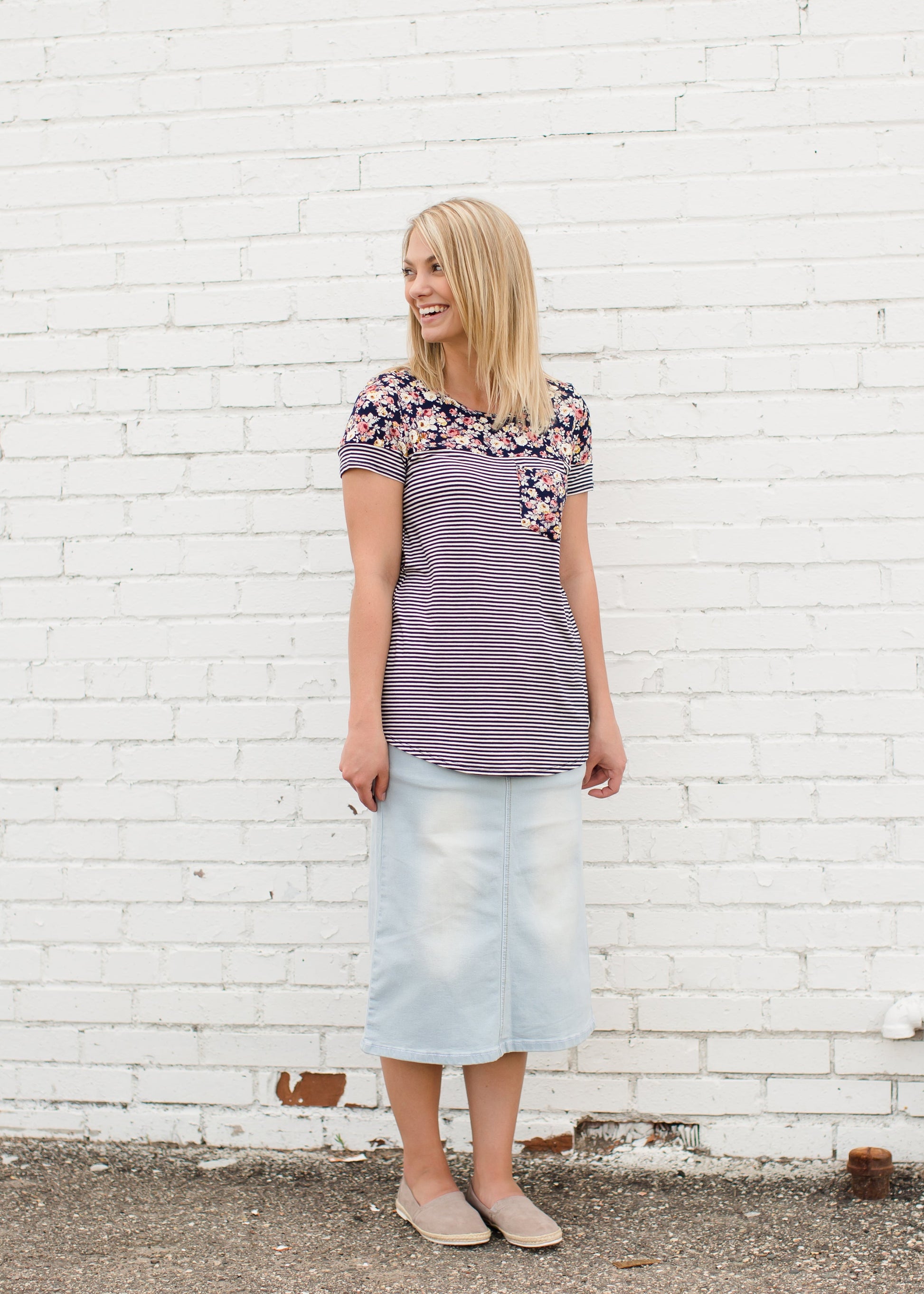 Navy Striped Modest Tee with a Floral Top and Pocket 