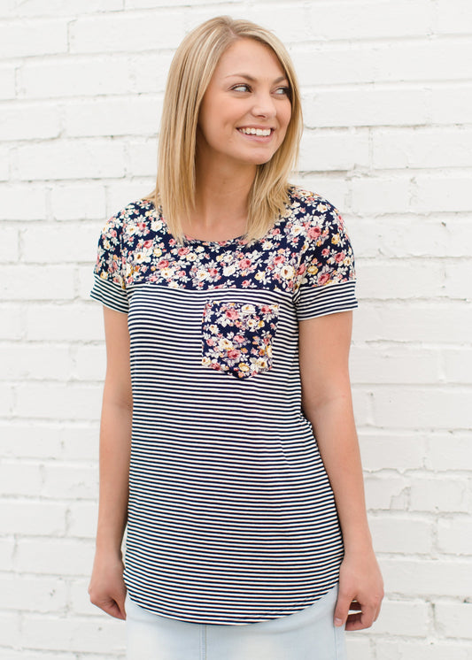 Navy Striped Modest Tee with a Floral Top and Pocket 