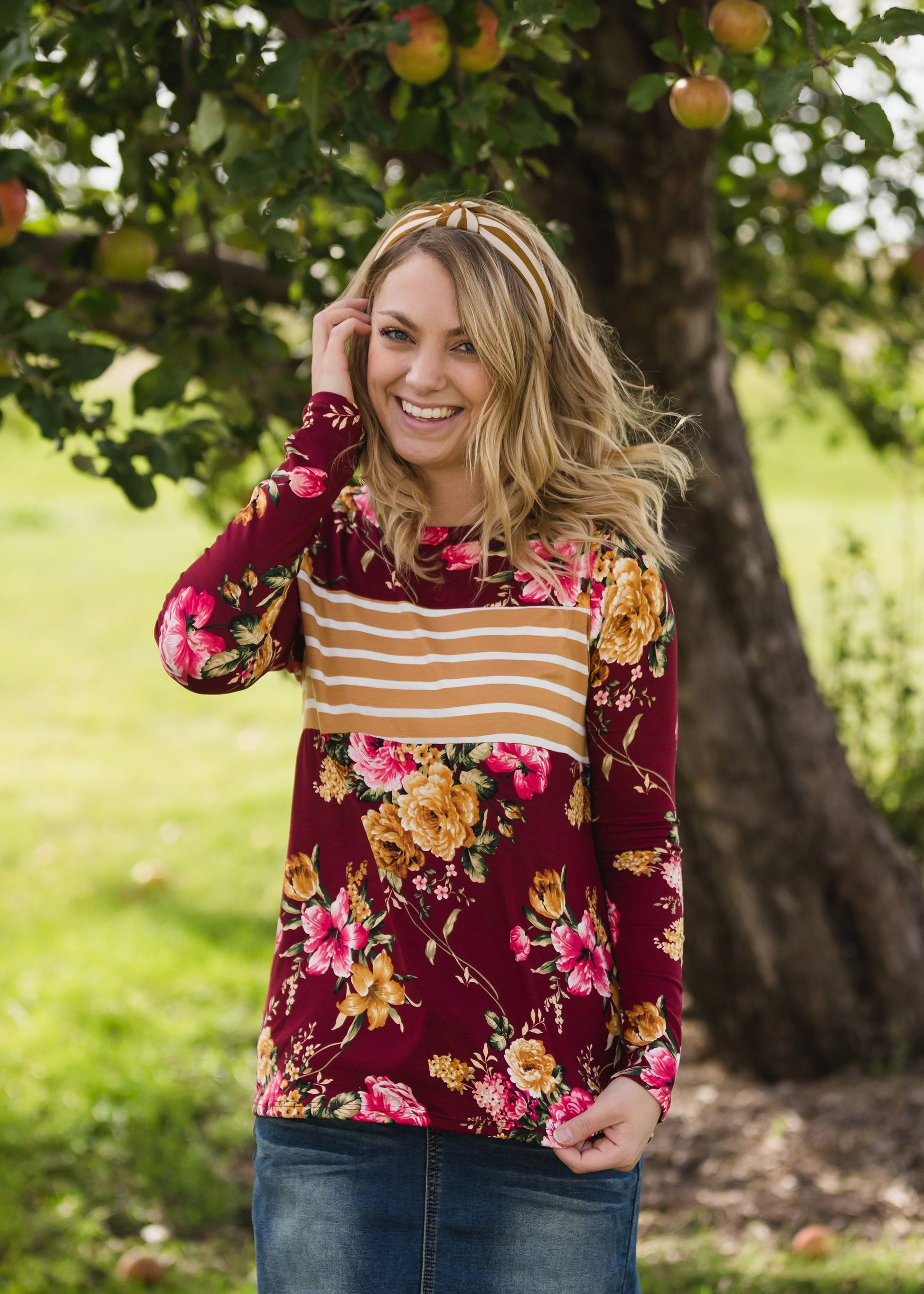 Floral and Striped Button Detail Top Tops