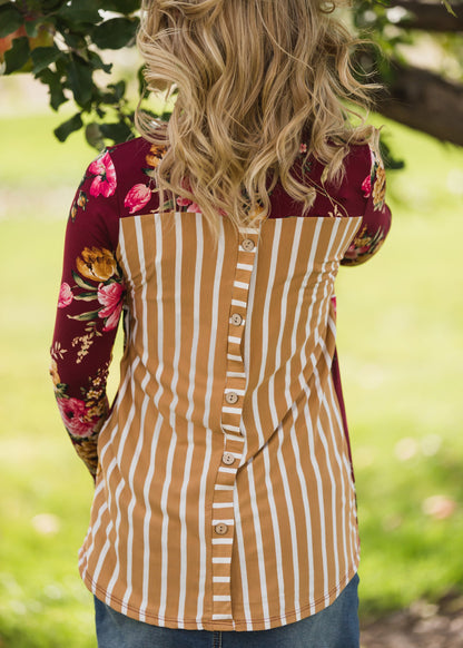 Floral and Striped Button Detail Top Tops