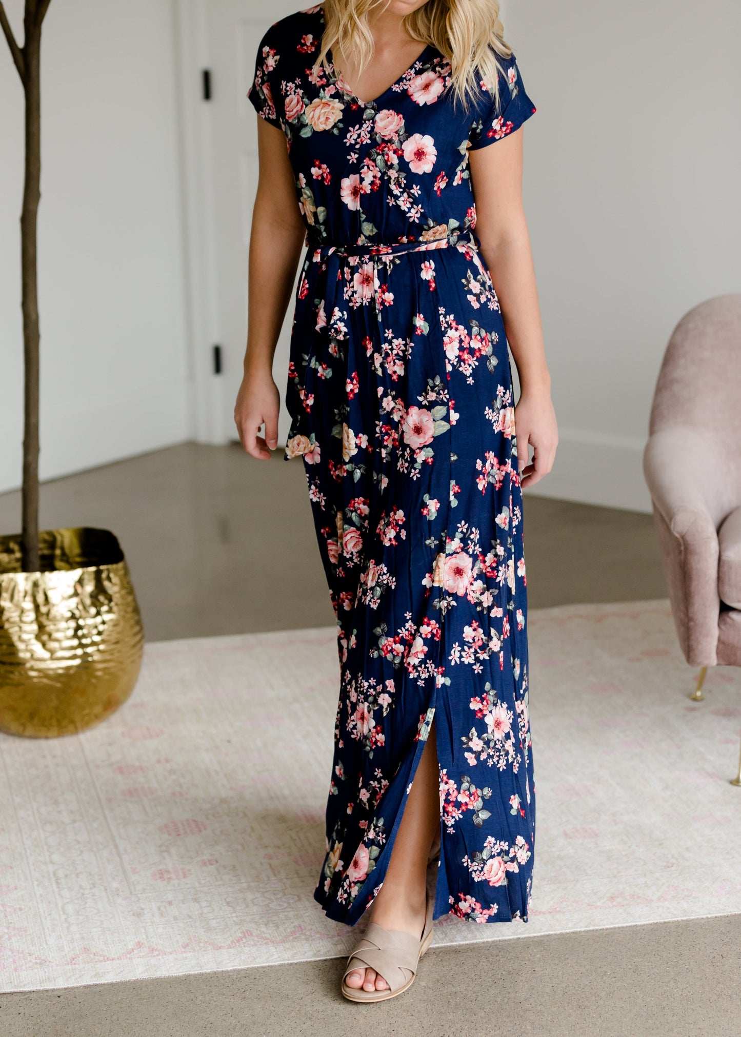 Floral Belted A-Line Maxi Dress Dresses