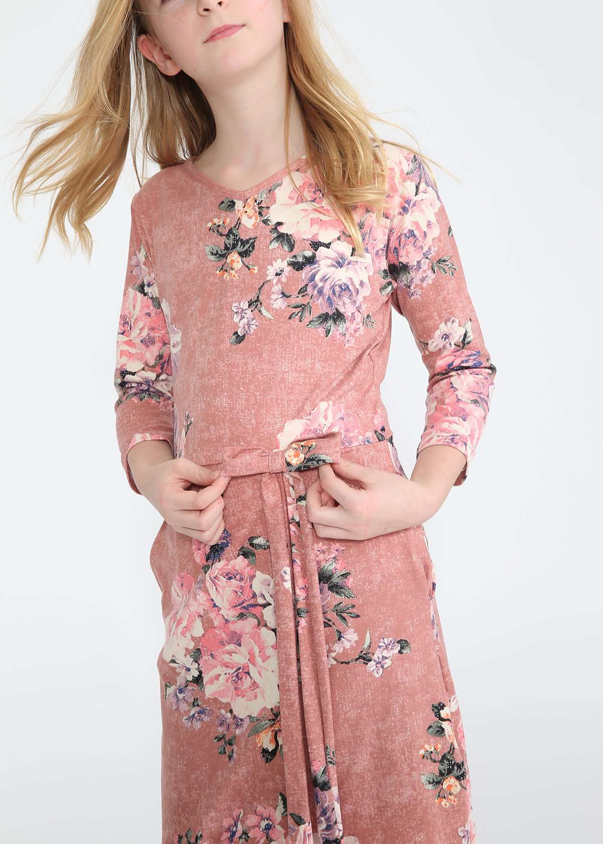 Blush colored modest girls floral midi dress