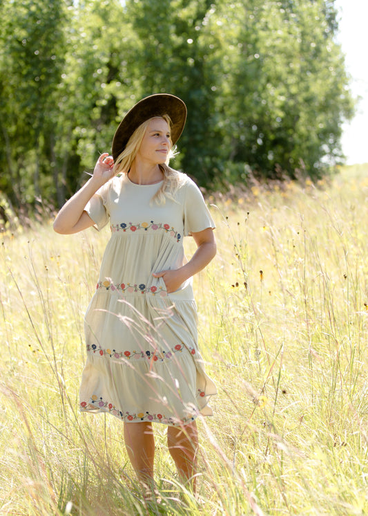 sage floral embroidered midi dress