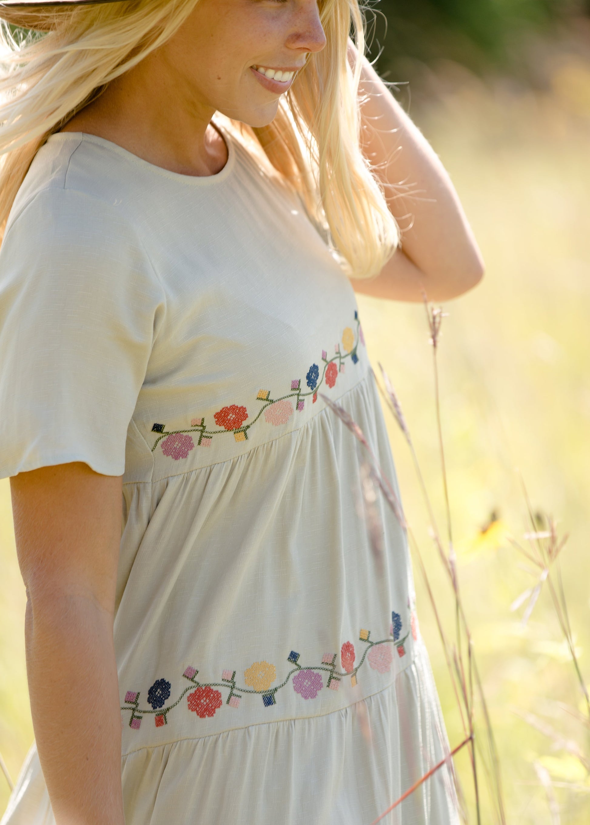 sage floral embroidered midi dress