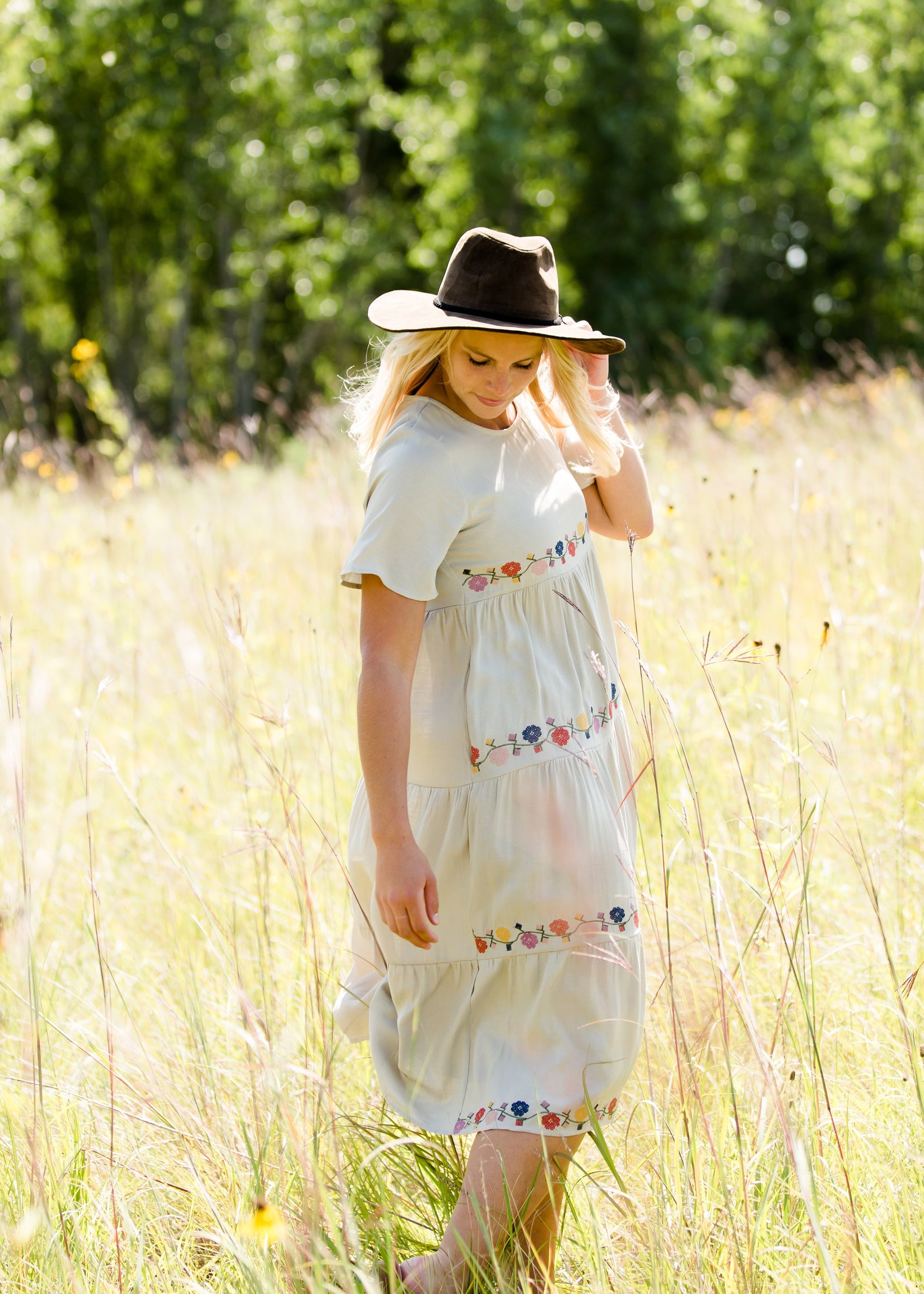 sage floral embroidered midi dress