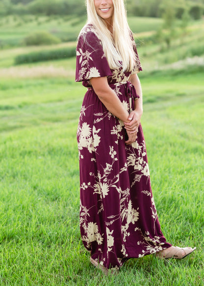 Floral Flutter Sleeve Plum Maxi Dress Dresses