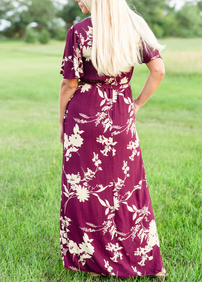 Floral Flutter Sleeve Plum Maxi Dress Dresses