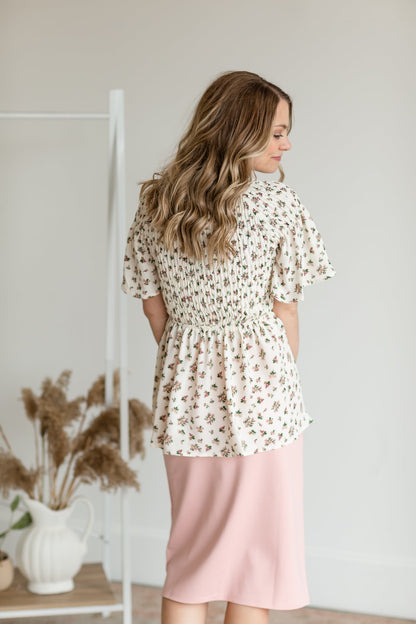 Floral Ivory Smocked Flutter Sleeve Top Shirt Mikarose