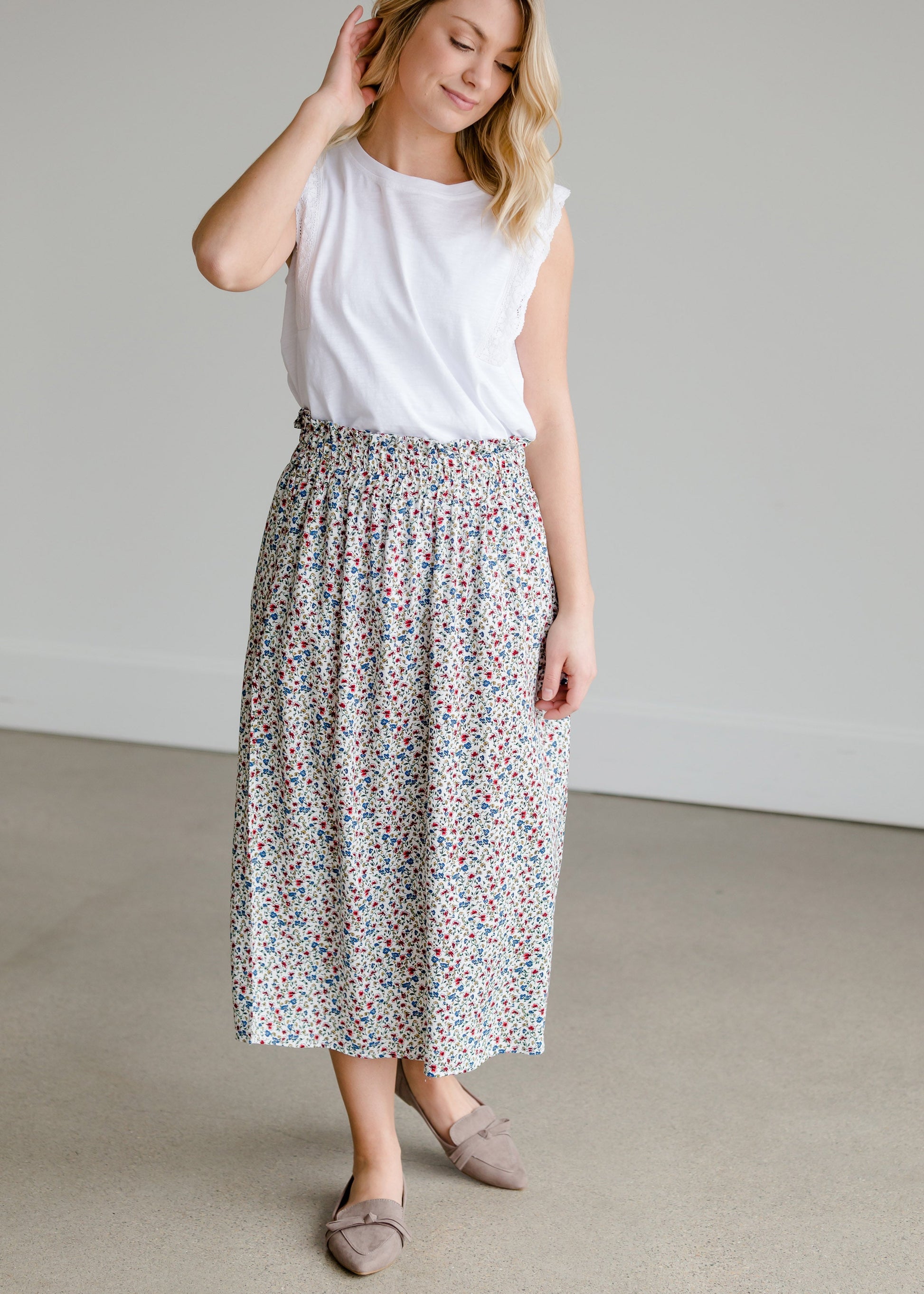 Floral Print Ivory Midi Skirt Skirts