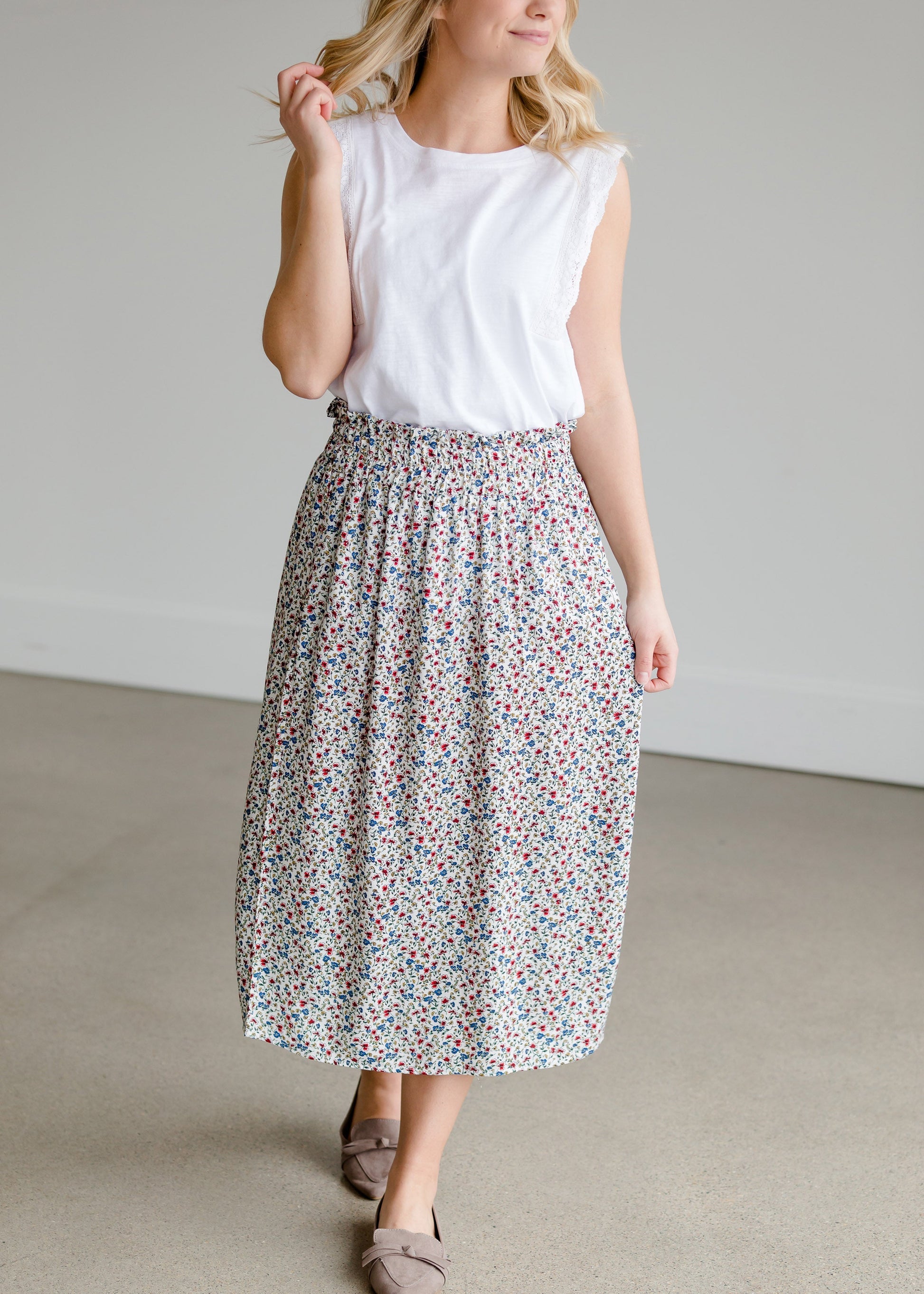 Floral Print Ivory Midi Skirt Skirts