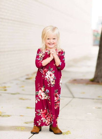 Modest Girls Burgandy and Olive Floral Toddler Maxi Dress