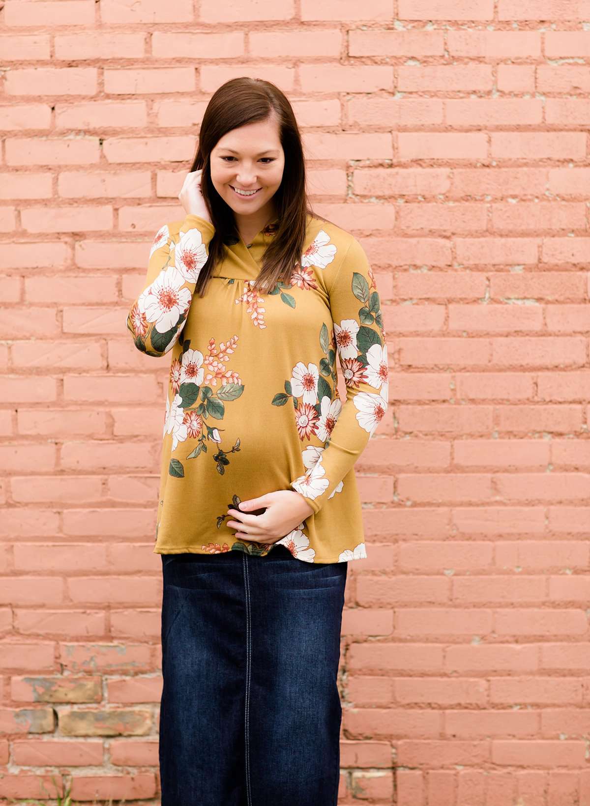 Women's Modest Maternity Mustard and Floral Sweater