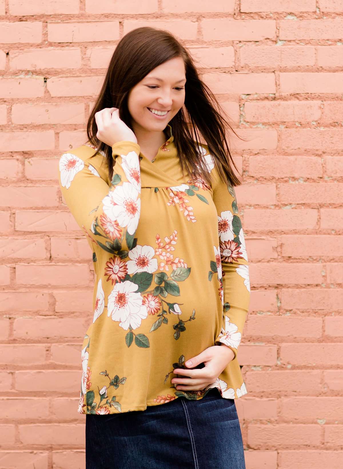 Women's Modest Maternity Mustard and Floral Sweater