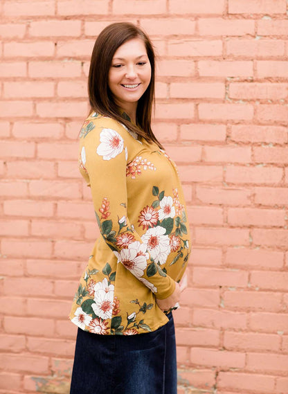 Women's Modest Maternity Mustard and Floral Sweater