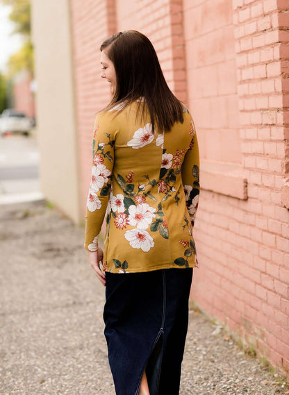 Women's Modest Maternity Mustard and Floral Sweater