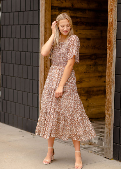 Floral Smocked Bodice Midi Dress Dresses