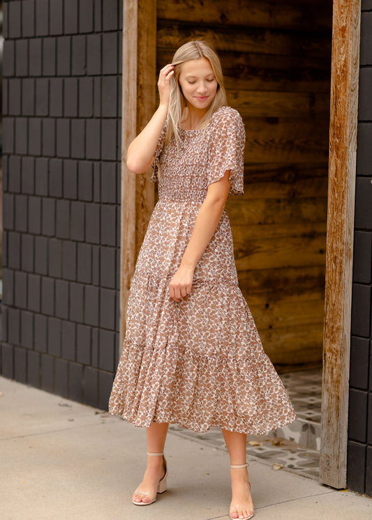 Floral Smocked Bodice Midi Dress Dresses