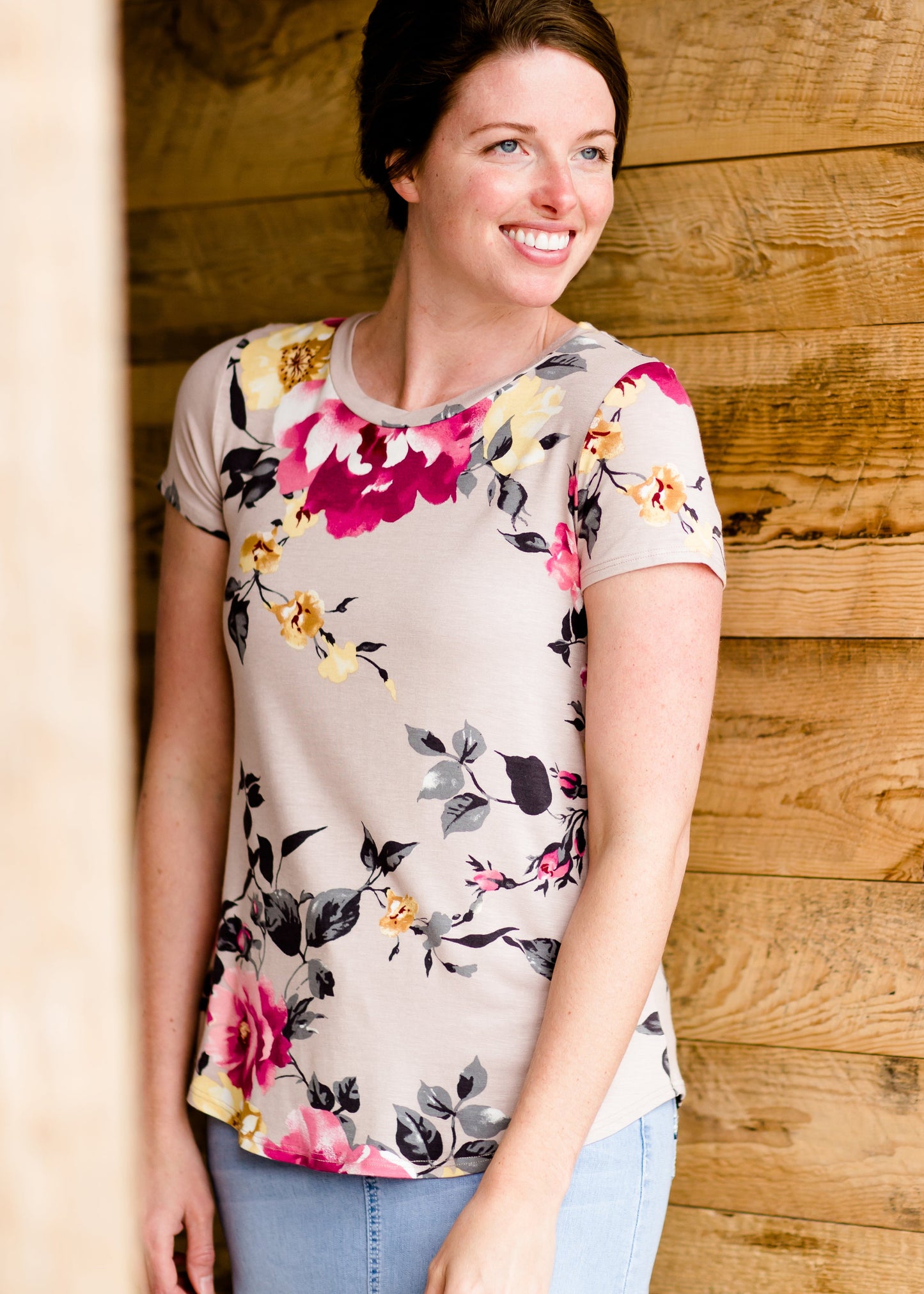 women's mauve tee with pink and yellow floral 