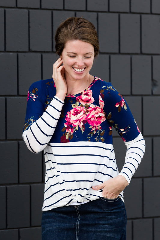 Floral Stripe Front Knot Top Tops