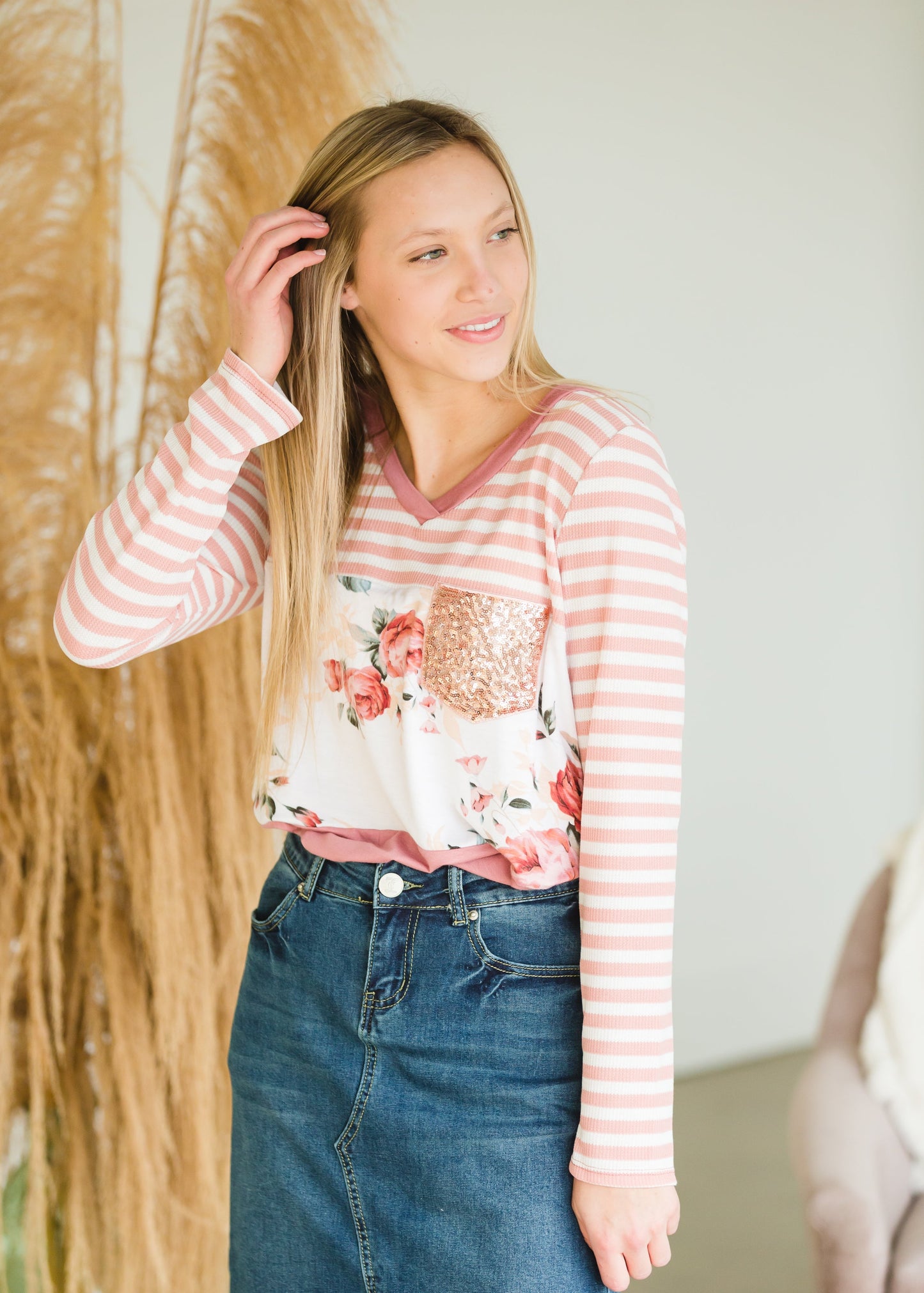 Floral Striped Sequin Pocket Top - FINAL SALE Tops