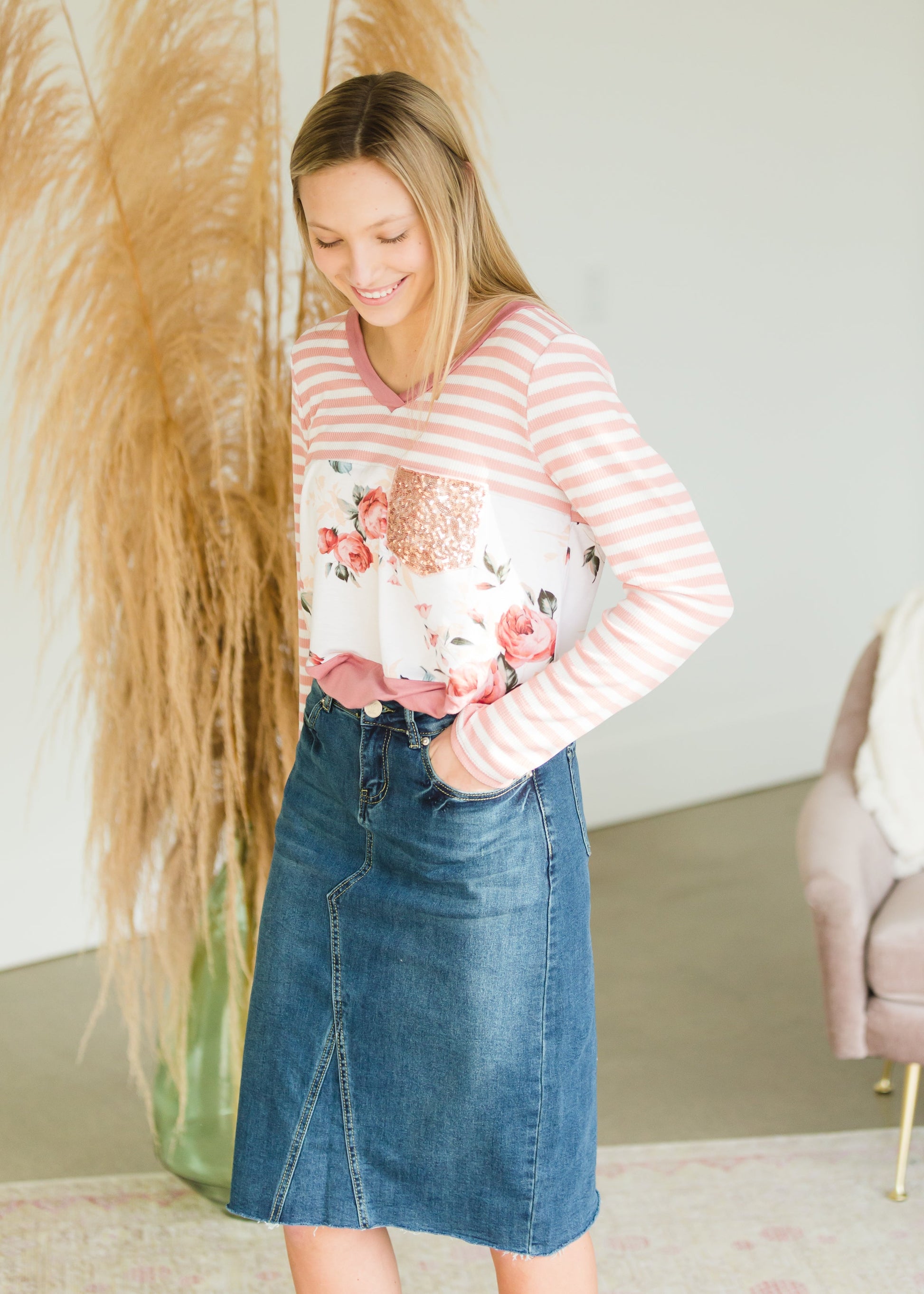 Floral Striped Sequin Pocket Top - FINAL SALE Tops