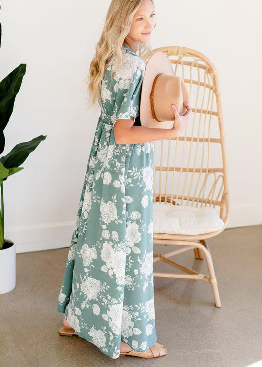 Floral Teal Button Up Maxi Dress Dresses