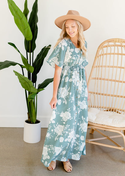 Floral Teal Button Up Maxi Dress Dresses