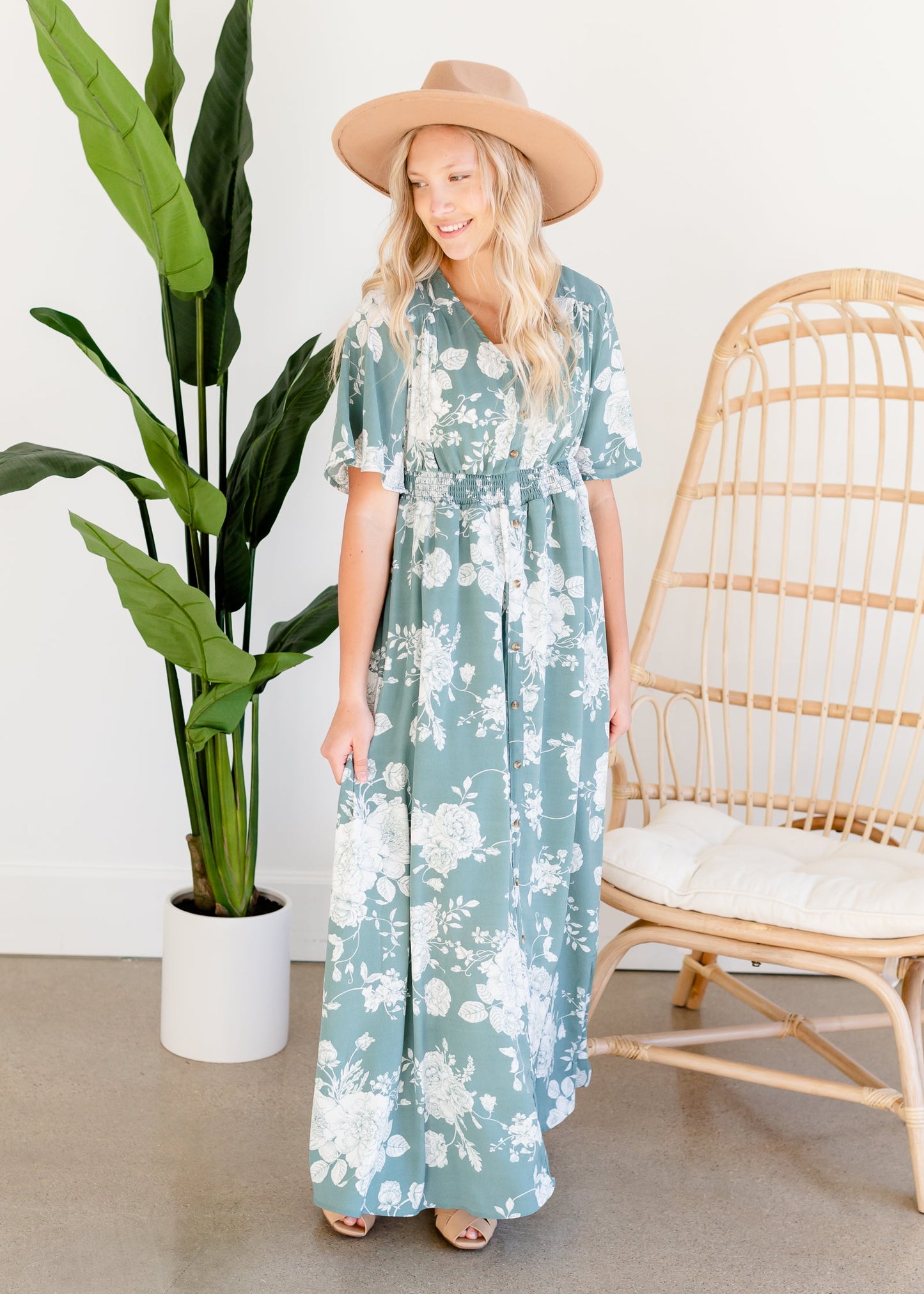 Floral Teal Button Up Maxi Dress Dresses