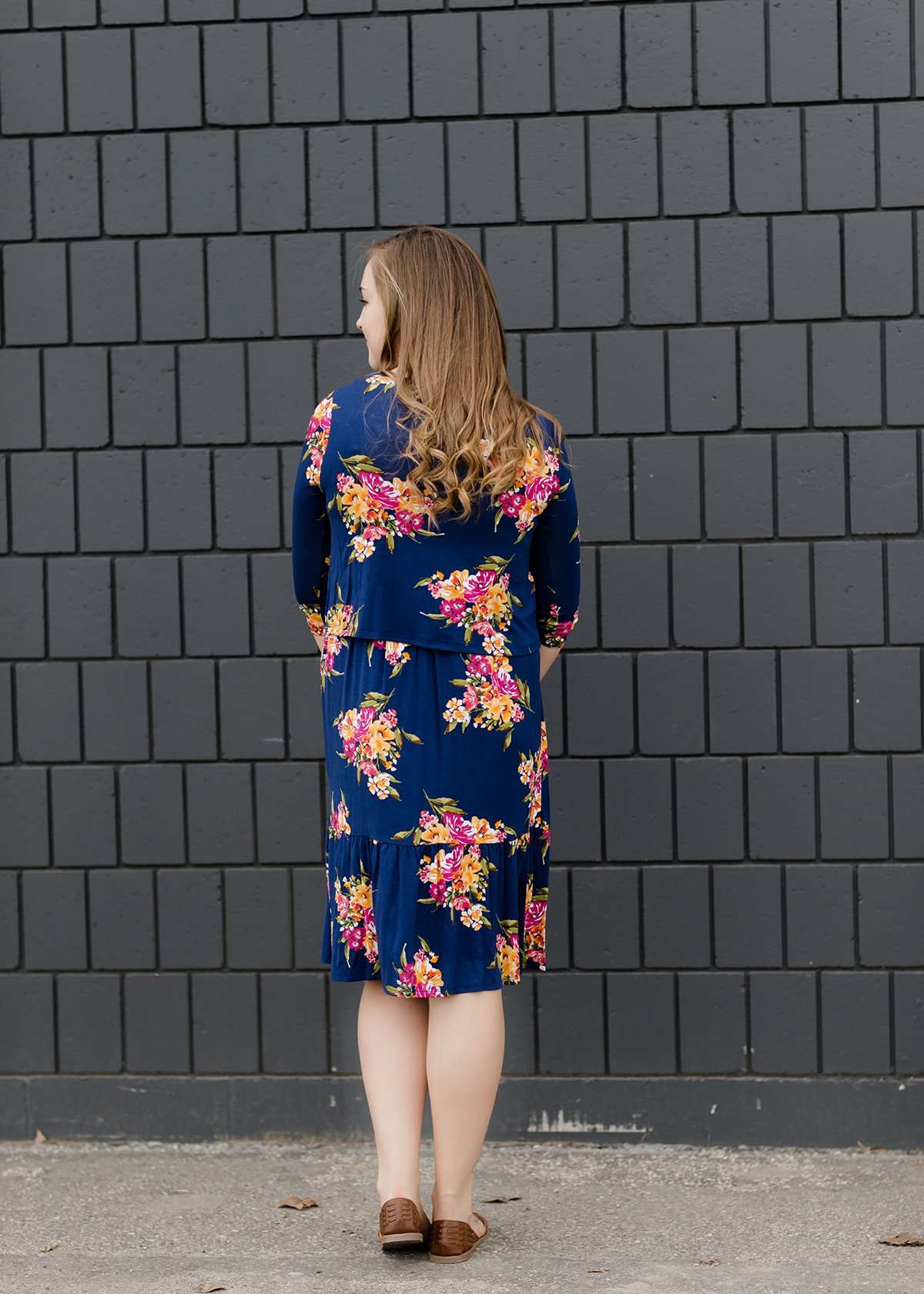 Navy and floral modest nursing friendly mid dress