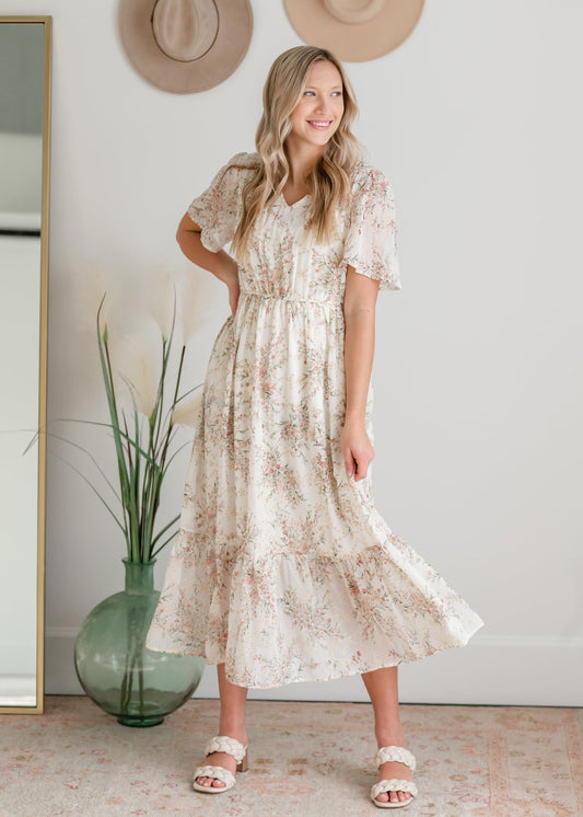 Floral V-Neck Ruffle Sleeved Dress Dresses Polagram