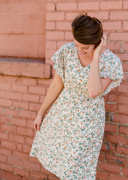 Floral Vines Flutter Sleeve Midi Dress Dresses