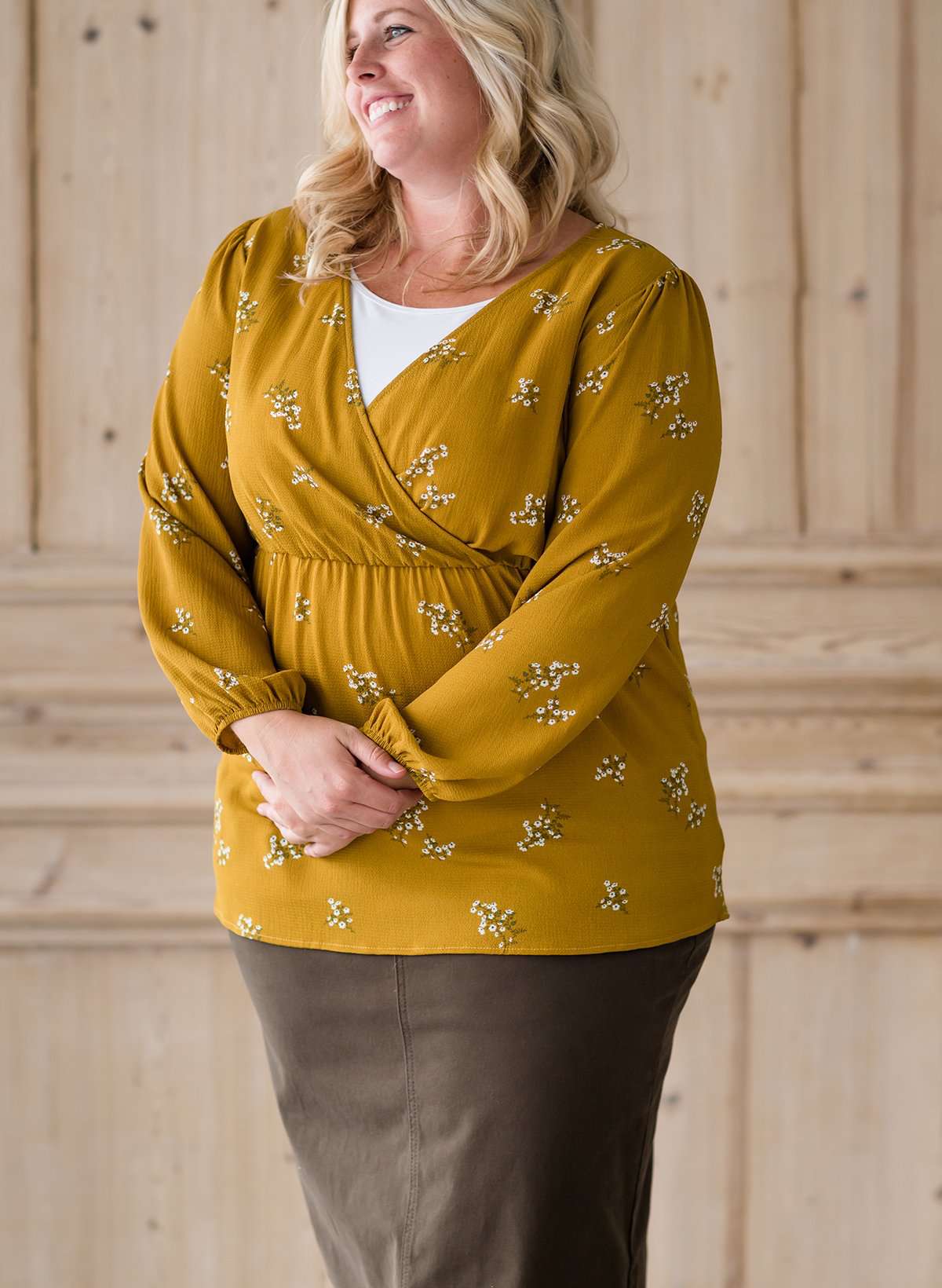 Women's modest plus size mustard floral detail blouse