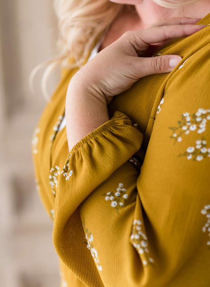 Women's modest plus size mustard floral detail blouse