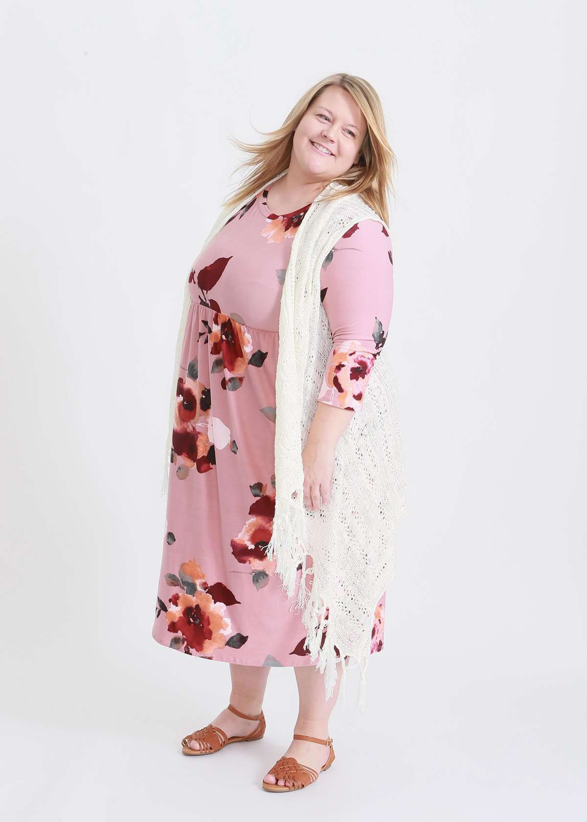 mauve plus size midi dress with beautiful floral patterns