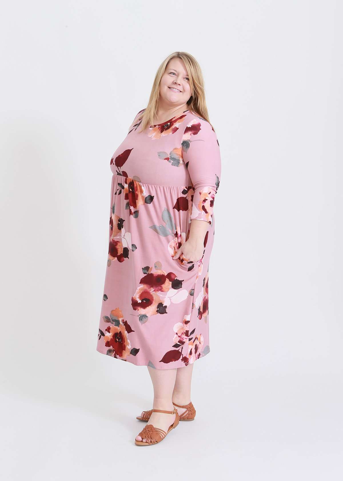 mauve plus size midi dress with beautiful floral patterns