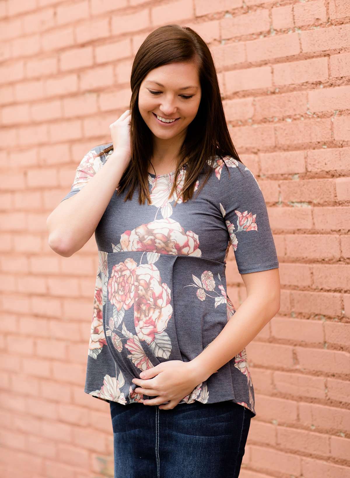 Women's Modest Maternity Navy Floral Pleated Shirt