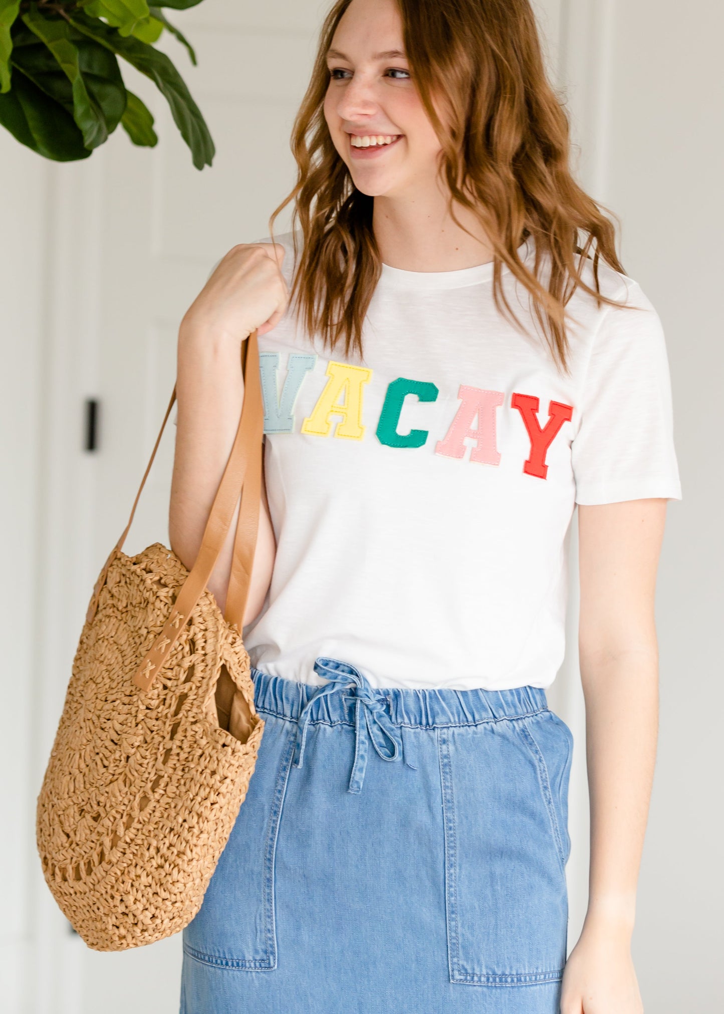 Front Patched Vacay Ivory Tee Shirt - FINAL SALE Tops