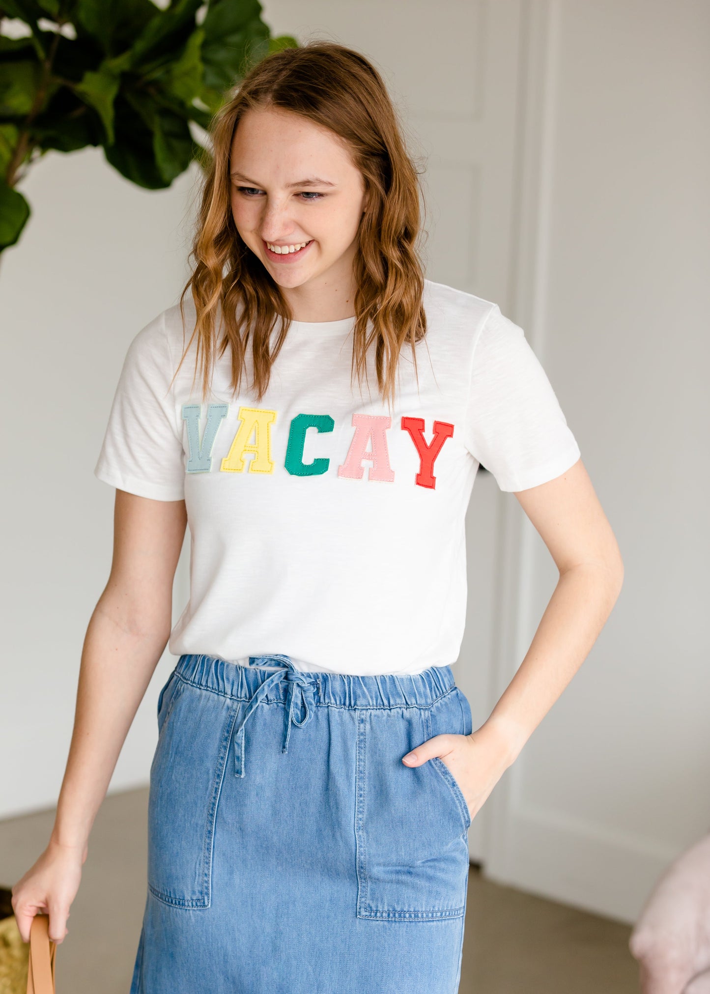 Front Patched Vacay Ivory Tee Shirt - FINAL SALE Tops