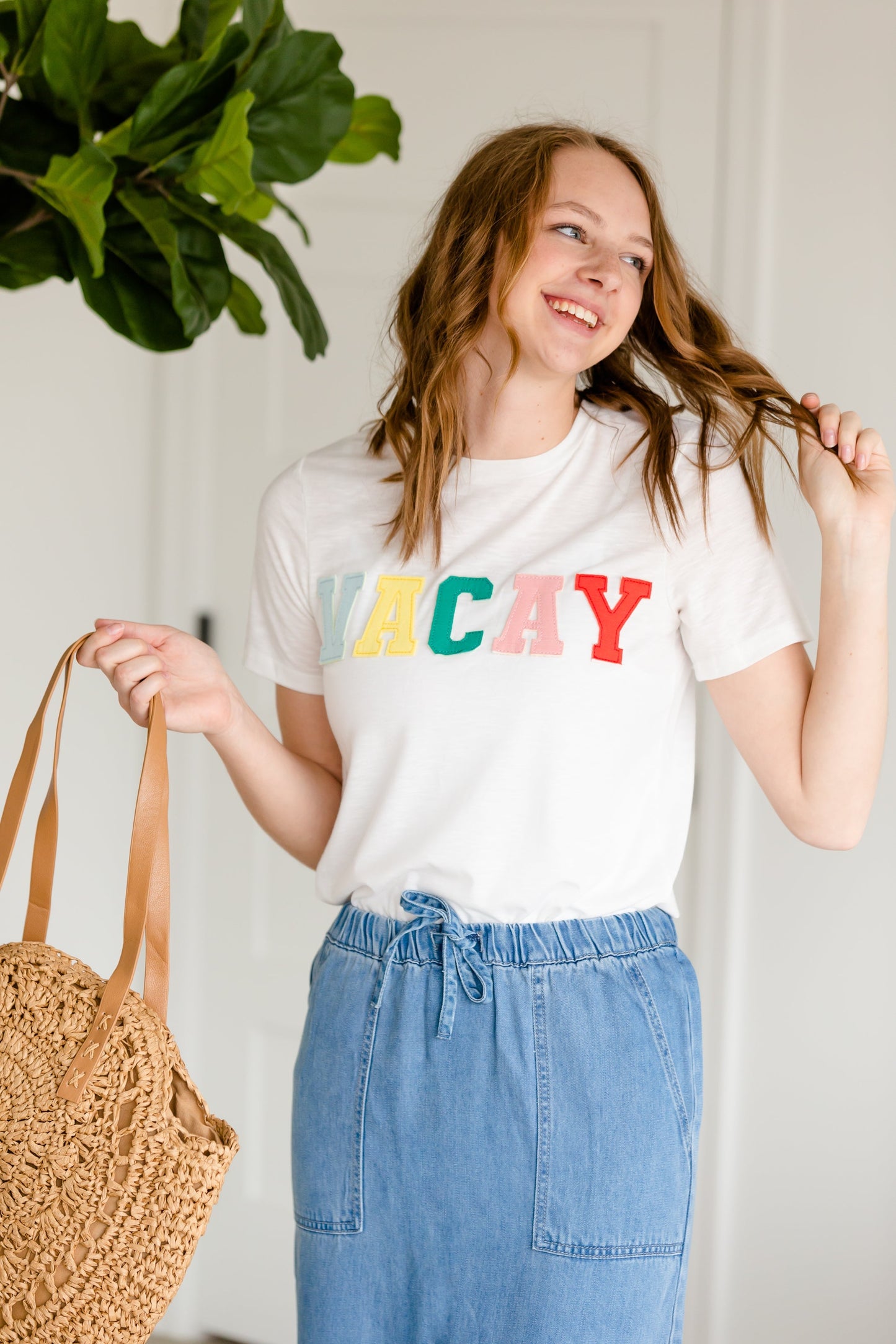 Front Patched Vacay Ivory Tee Shirt - FINAL SALE Tops