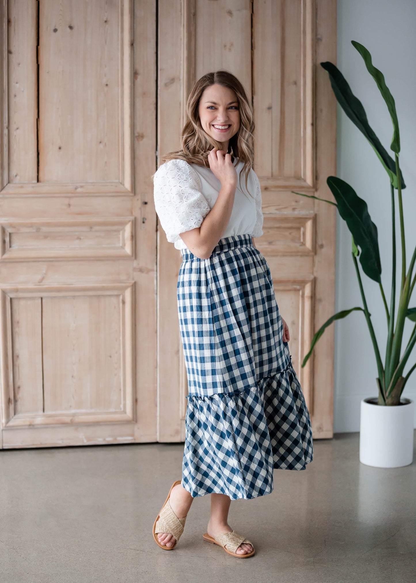 Gingham Navy Blue Midi Skirt Skirts Hayden