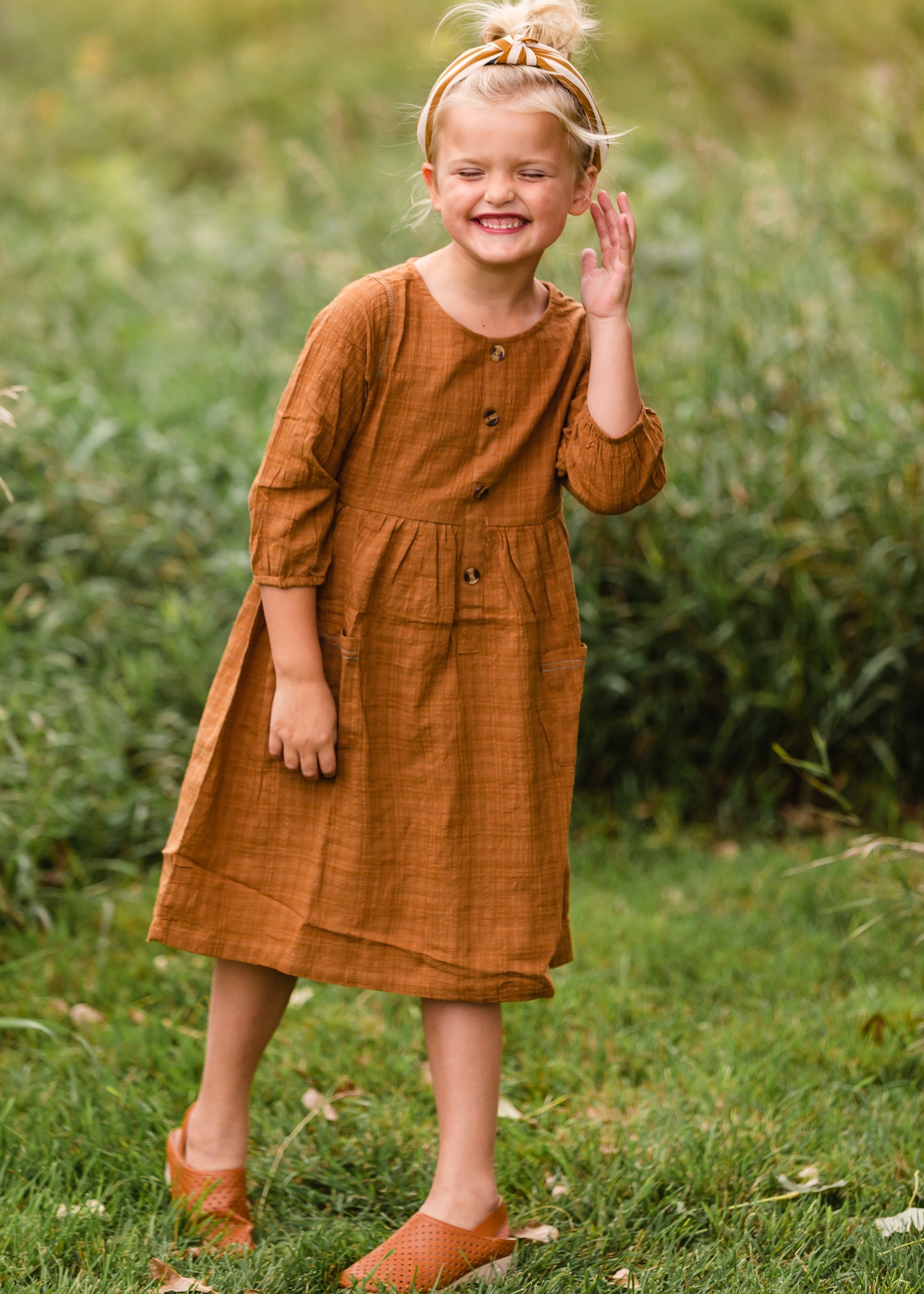 Girls Brown Button Front Midi Dress Dresses