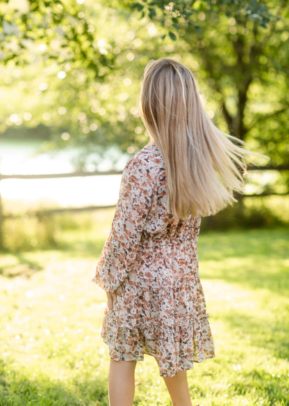 Girls Floral Print V-Neck Smock Waist Tiered Midi Dress Girls Hayden Los Angeles