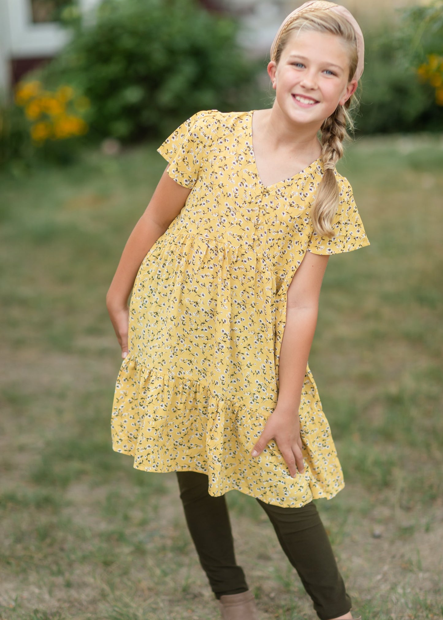 Girls Mustard Floral Buttoned Midi Dress Dresses Hayden