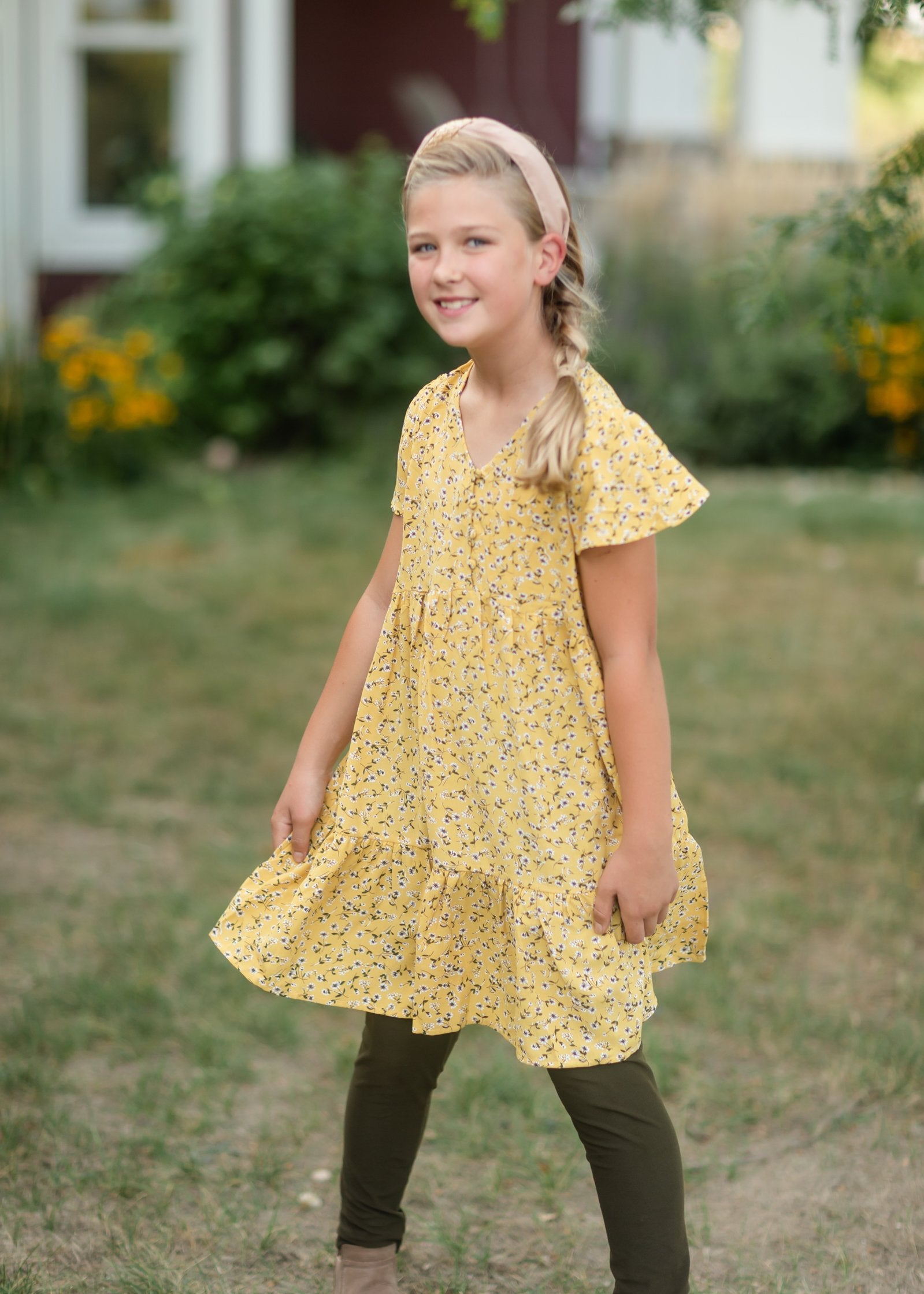 Girls Mustard Floral Buttoned Midi Dress Dresses Hayden