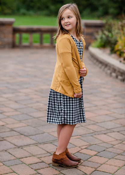 Girls Mustard Ribbed V-Neck Button Front Pocket Long Cardigan Girls Woodmouse & Thistle