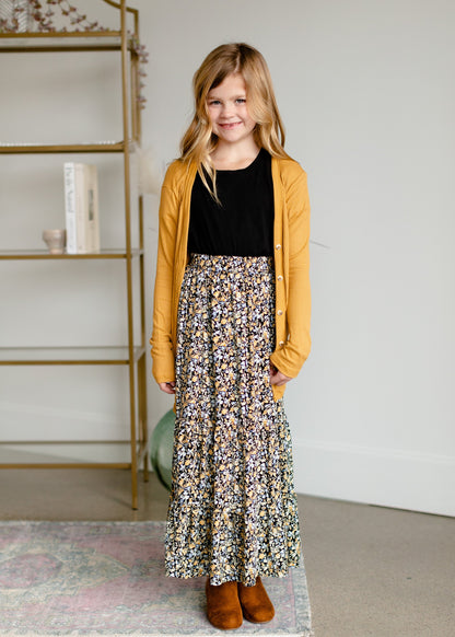 Girls Mustard Ribbed V-Neck Button Front Pocket Long Cardigan Girls Woodmouse & Thistle