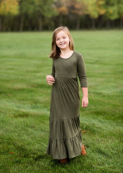 Girls Olive 3/4 Sleeve Tiered Maxi Dress Girls GTOG