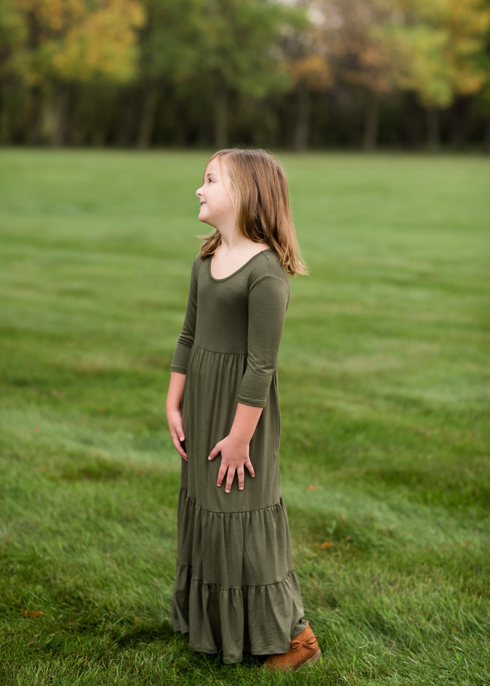 Girls Olive 3/4 Sleeve Tiered Maxi Dress Girls GTOG