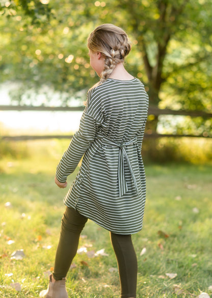 Girls Olive Striped Knit Mini Dress with Belt Dresses hayden