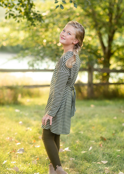 Girls Olive Striped Knit Mini Dress with Belt Dresses hayden